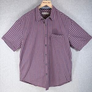 James Campbell Mens Casual Button Up Shirt Red Blue Check L Pocket Short Sleeve